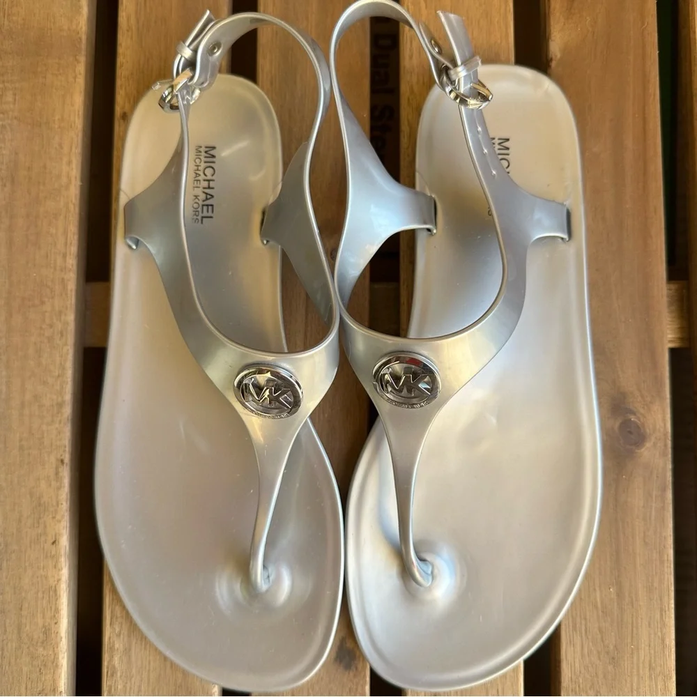 Michael Kors Silver MK Logo Jelly Ankle Strap Sandals Size 8M